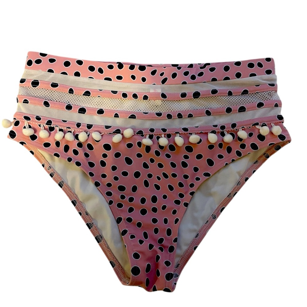 Pink Lily High Waist Polka Dot Leopard Pom-Pom Sheer Accent Swim Bikini Bottoms